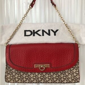 DKNY Red Leather Trim Logo Shoulder Purse with Gold Chain.  NEW.  NWOT